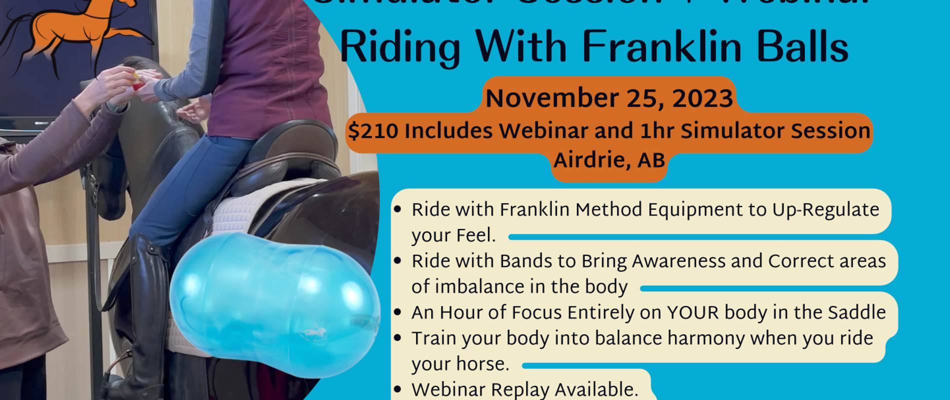 Poster for event that includes a simulated horse and rider