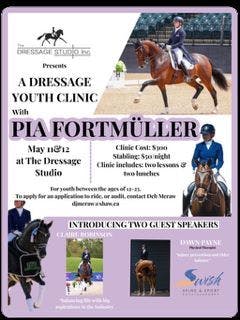 Poster with a trotting horse and rider and more information about the clinic
