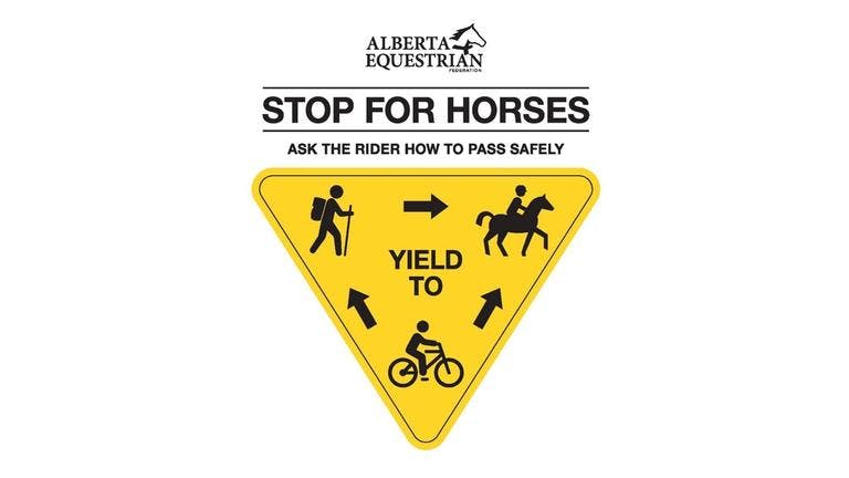 A yellow sign asking trail hikers and bikers to stop for horses.