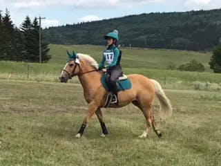 Young rider dressed in green silks riding cross country in a competition on palomino pony