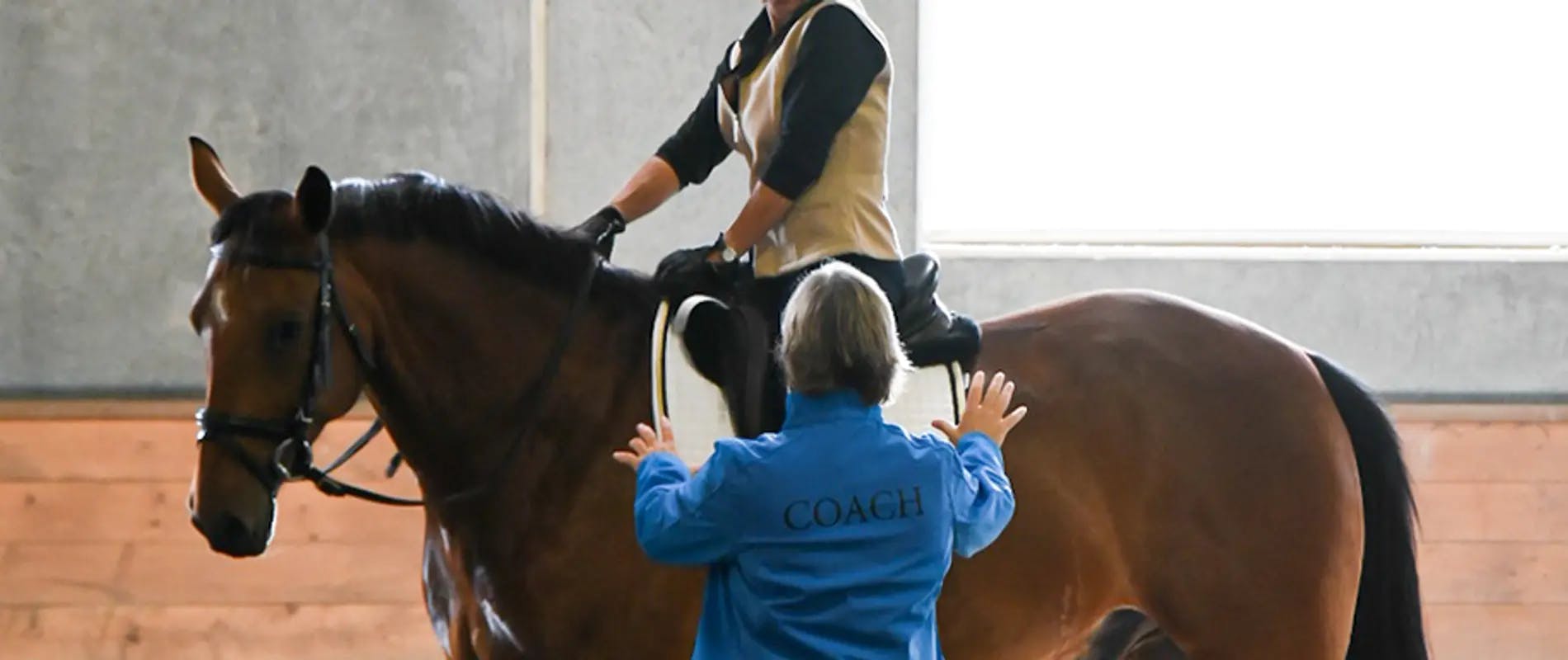 Instructor educating rider on a horse