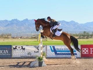 horse and woman jumping a vertical on sand footing