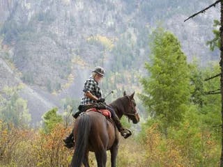a female riding a dark bay on a mountain trail with wilderness in background