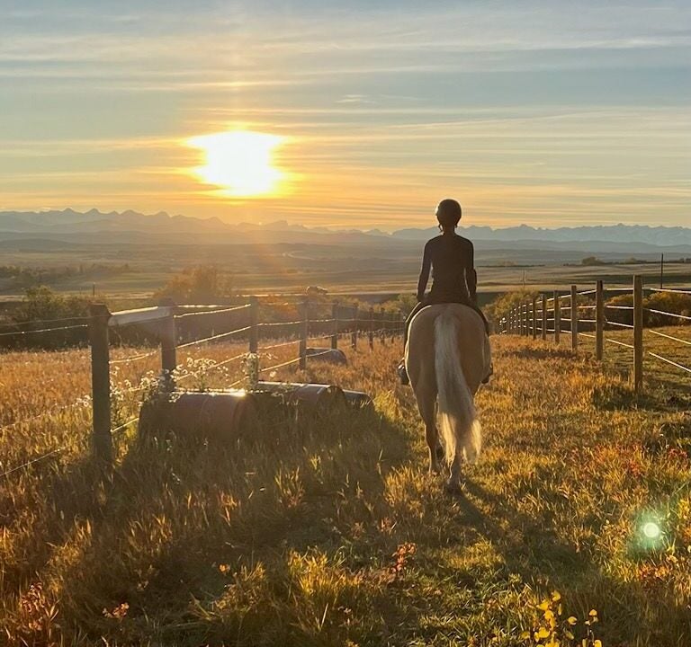 Youth riding a smoky palomino on a trail between two wire fences at sunset